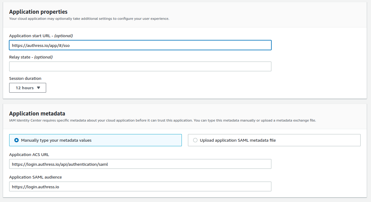 AWS SSO application configuration