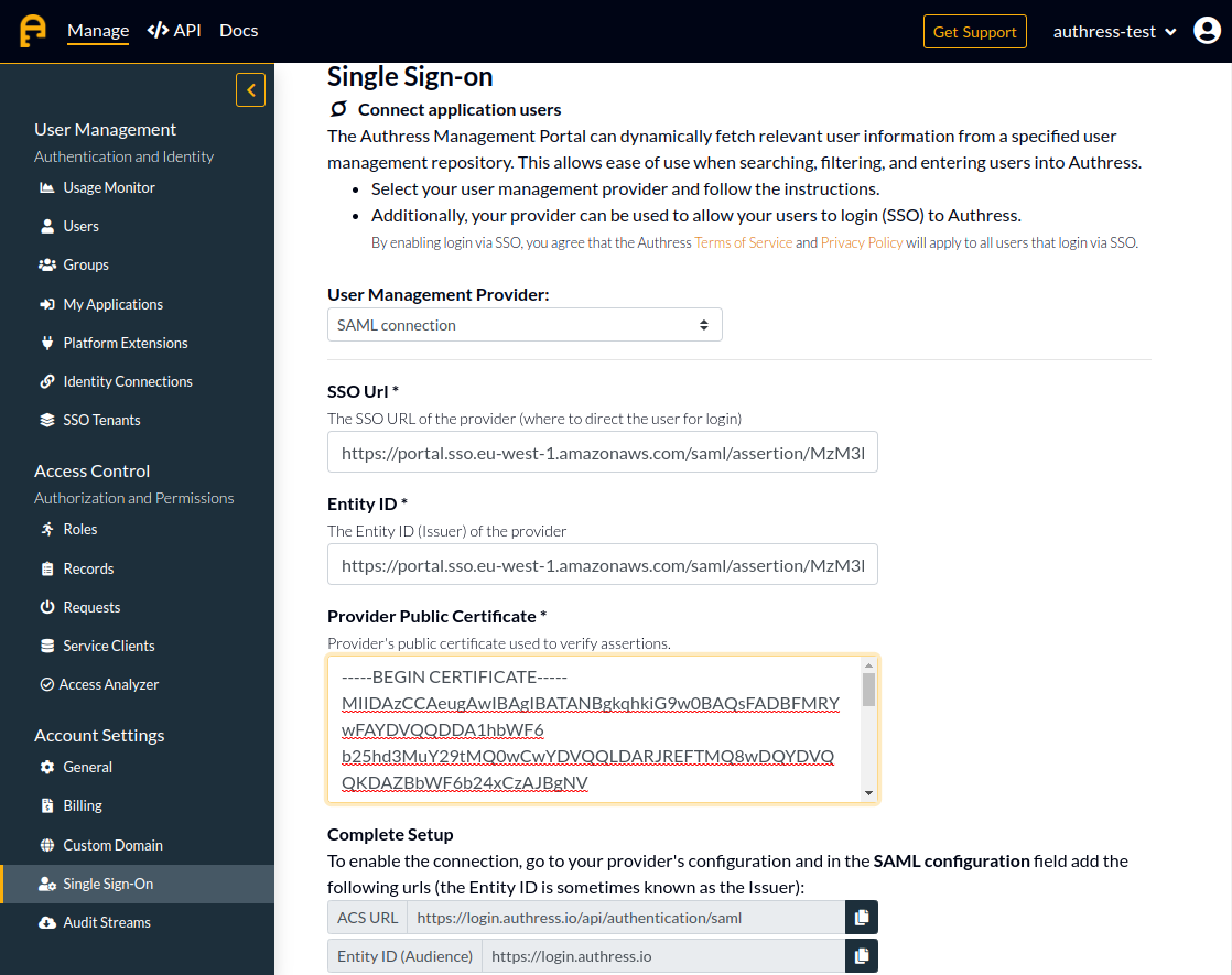 Authress SAML configuration