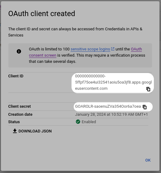 Google Admin oauth connection credentials