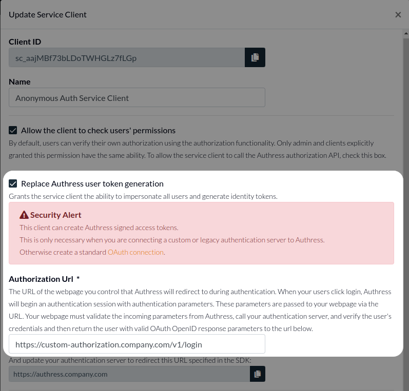 Replace Authress user token generation