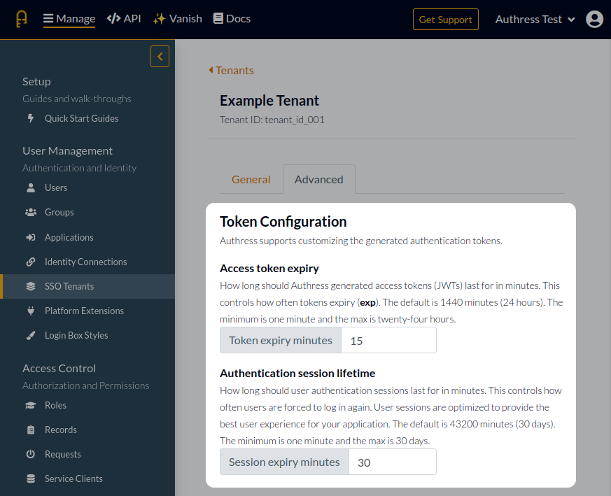 Tenant token configuration